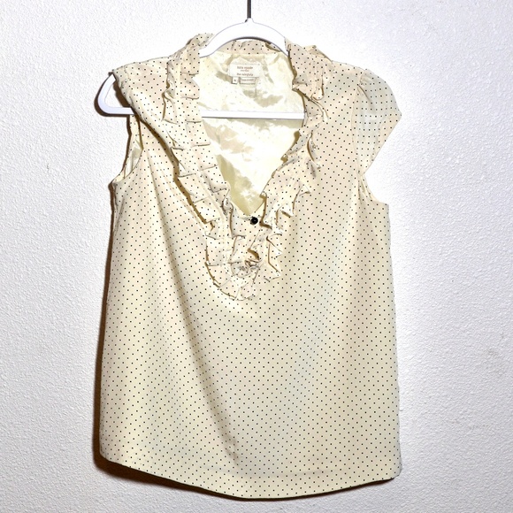 Kate Spade Silk Blouse Polka Dot Off White with Black Ruffled Neckline SIZE M - Picture 1 of 8